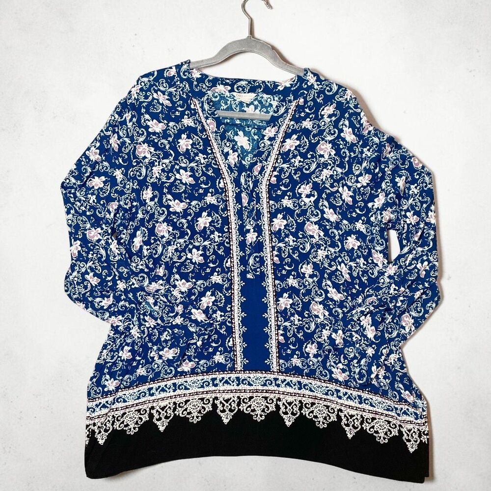Cato Plus Size 14W 16W Peasant Tunic Top Blue Rayon Roll Tab Sleeve Boho V Neck - Picture 3 of 10
